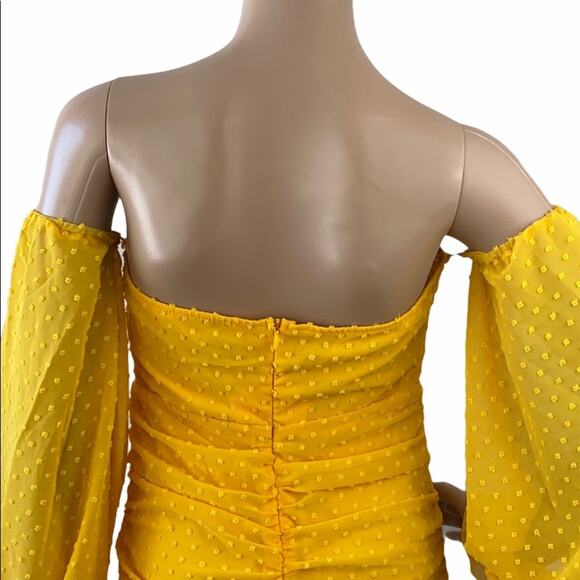 New House of Chic Yellow  Off The Shoulder Lantern Sleeve Cutout Bodycon Dress S - Picture 6 of 9
